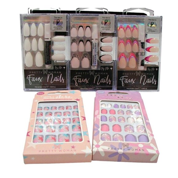 Lot 5 Pretty Woman Multi Style Faux Nails with Glue and Press On Coffin All New - Picture 1 of 11